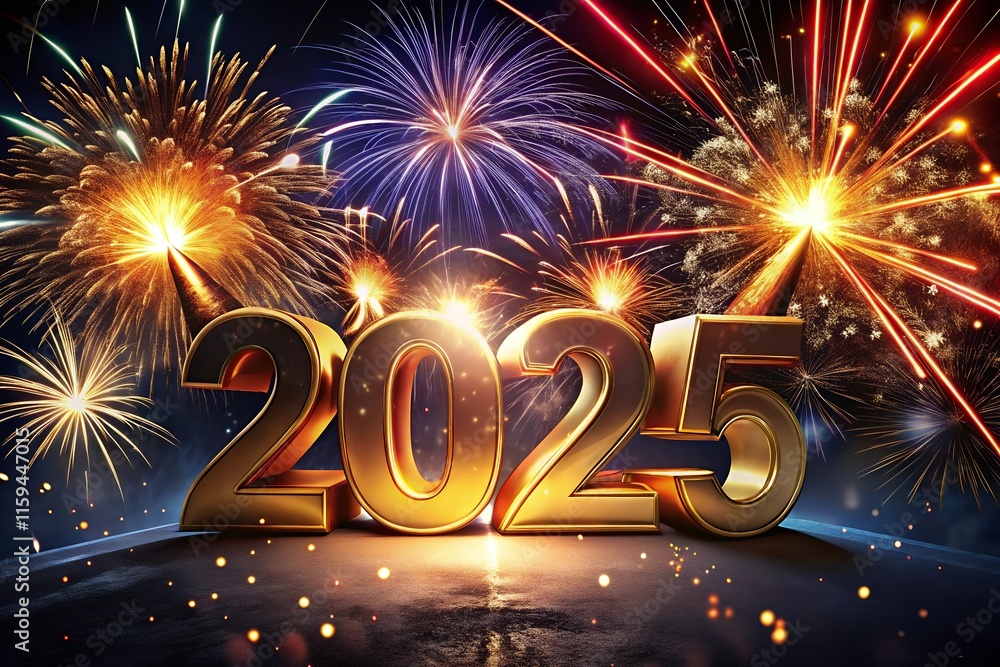 Fototapete 2025 3d with firework text effect new year's lights gold and dark red colors bake background with gl