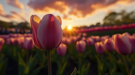 Sunset Tulip Bloom: A Serene Field of Pink and White Tulips at Golden Hour