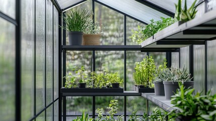 Contemporary minimalist greenhouse with minimal decor. Featuring clean lines and a serene design