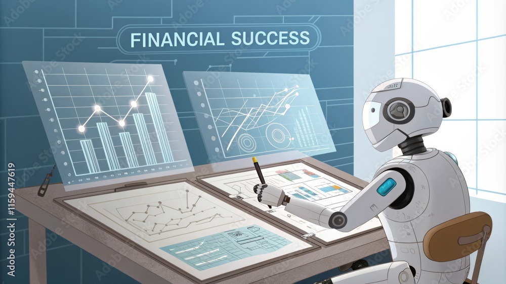 Poster robot financial advisor analyzing graphs and charts on transparent digital screens and paper documen