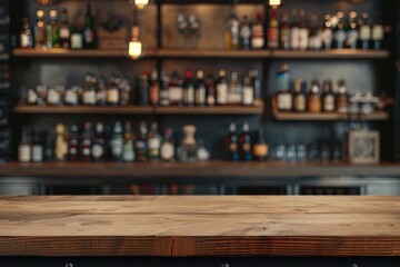 Wooden counter in bar with various alcohol bottles on back shelf. Bartender ready to serve customers.