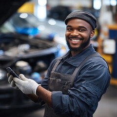Smiling Mechanic Uses Smartphone in Auto Repair Shop