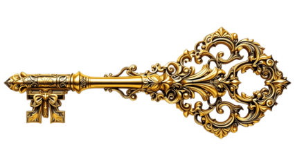 Ornate golden skeleton key in baroque style, featuring intricate scrollwork, a decorative bow, and antique brass texture, isolated on a transparent background. 