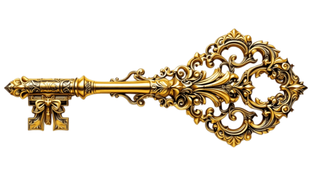 Ornate golden skeleton key in baroque style, featuring intricate scrollwork, a decorative bow, and antique brass texture, isolated on a transparent background. 