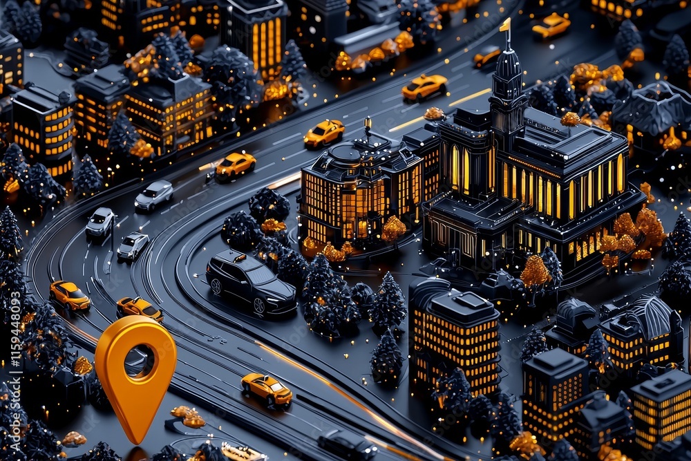 Aufkleber city block with a map pin on top depicting navigation. gps, city maps, and directions. isometric ill