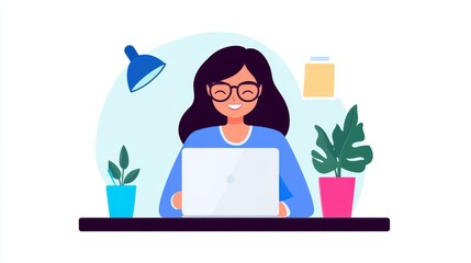 Woman Working From Home Office on Laptop - Happy woman working on laptop at home office, symbolizing productivity, remote work, technology, comfort, and success.