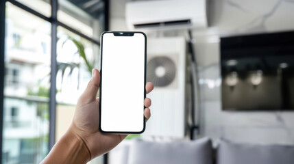 hand holding mobile phone with empty screen in front of air conditioning unit
