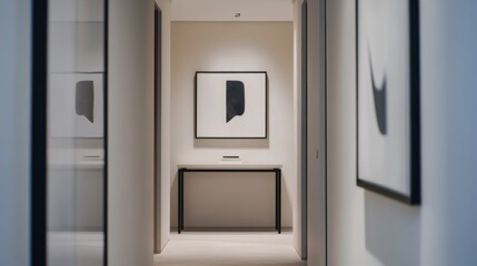Contemporary minimalist hallway with minimal decor. Featuring a clean, open design with modern lines