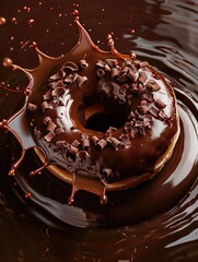 Chocolate donut with a rich, dark glaze and candy-coated toppings on a chocolate frosted surface.