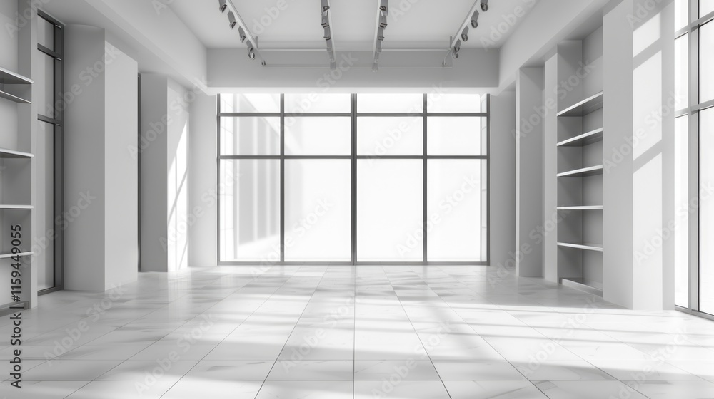 Poster an open and contemporary office area with a minimalist design, featuring clean lines and bright ligh