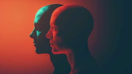 Obraz premium Two people's heads are shown in a dark room with a red background. The heads are in shadow, and the room is dimly lit. Scene is mysterious and eerie