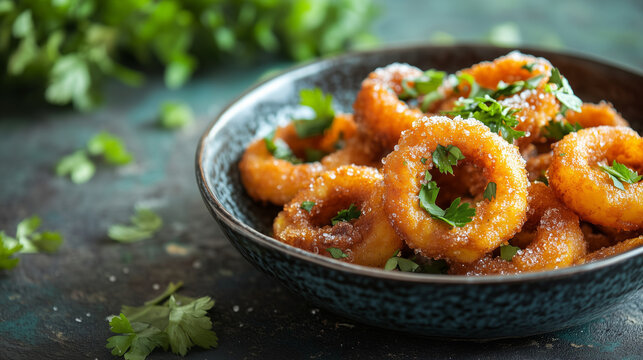 High-angle view of picarones with fresh herbs and a sprinkle of sugar, vibrant and colorful presentation, rustic background 