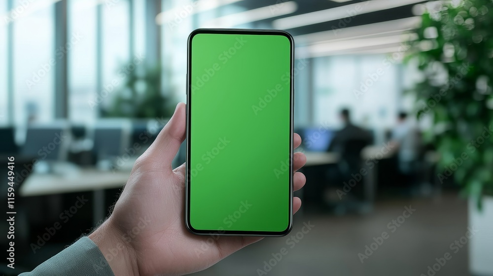 Poster The background is blurry and the man holds a smartphone with a blank green screen in front of him, mock-up.