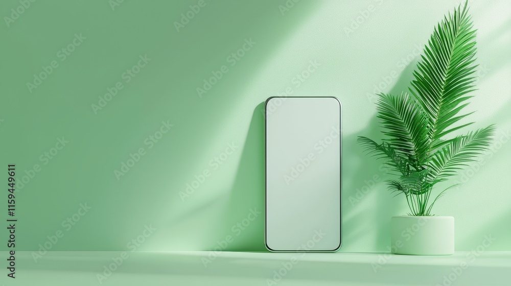 Aufkleber a blank white screen mockup with a green background is presented in this stock image.