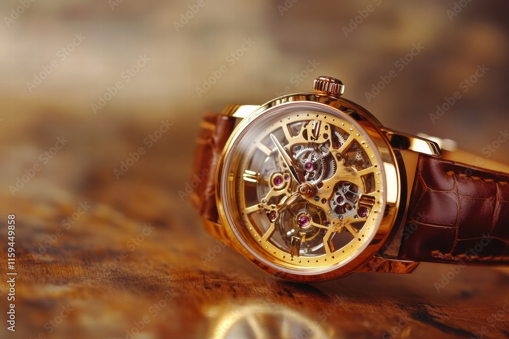 Poster Luxury wristwatch with golden frame and intricate design resting on a wooden surface in soft lighting. Generative AI