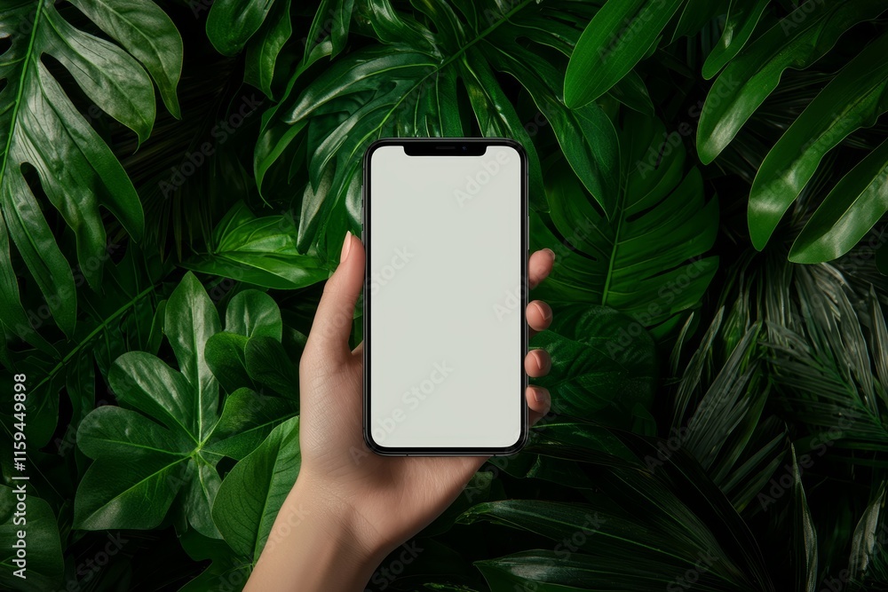 Poster An empty white screen is visible on the screen of a woman's smartphone against a background of green leaves