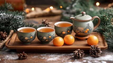 Fototapeta premium Festive Tea Set with Mandarin Oranges and Pine Cones