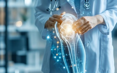 Doctor examining a 3D hologram of a knee joint.