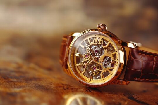 Luxury wristwatch with golden frame and intricate design resting on a wooden surface in soft lighting. Generative AI