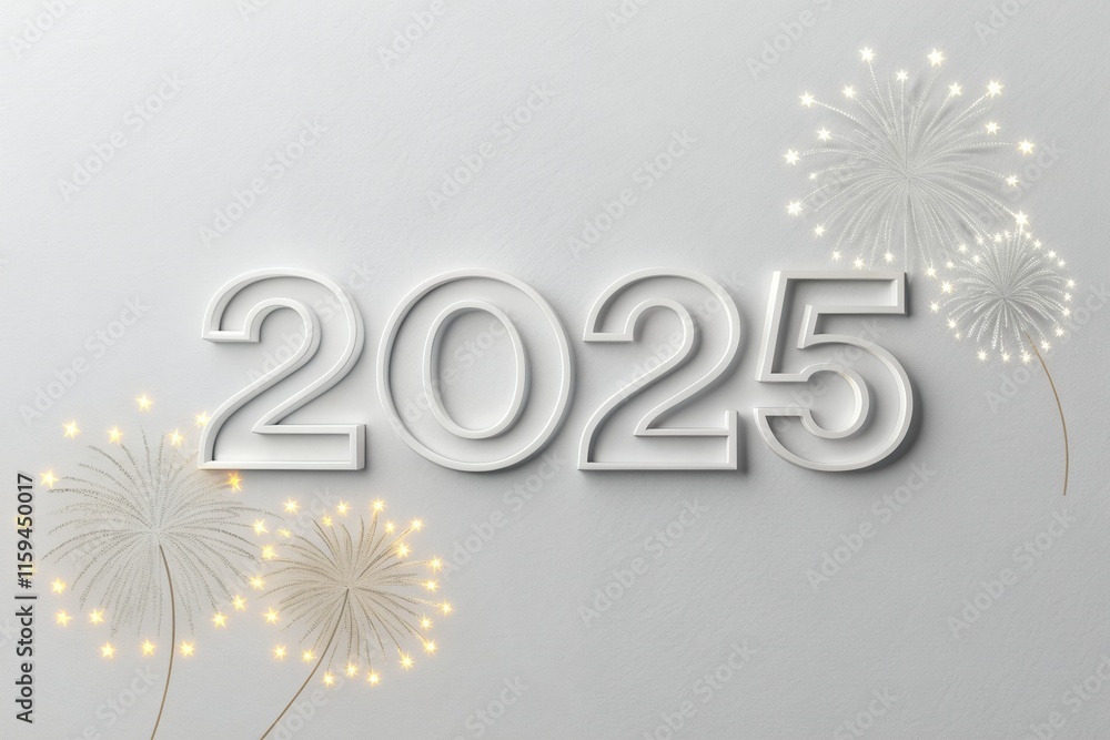 Fototapete 2025 3d text effect new year's lights white with background with glowing