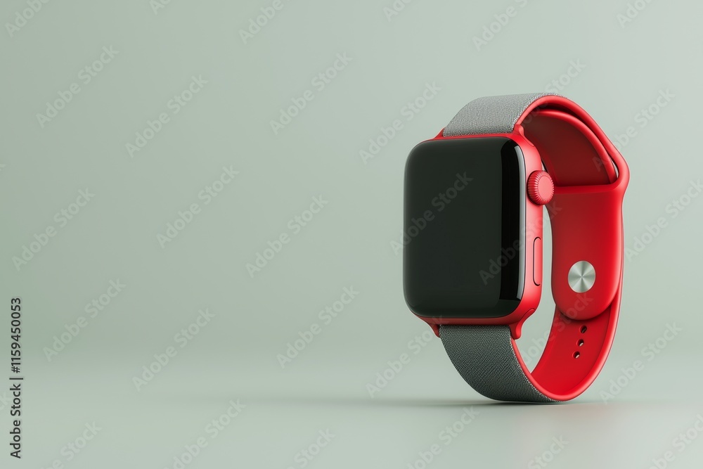 Poster it's a mockup of a red smart watch with a green wrist band isolated on white