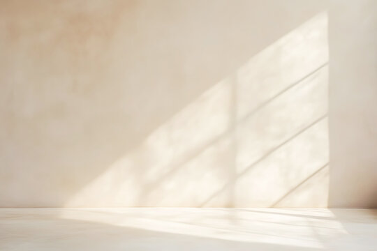 Backdrop light beige podium display for product. Interior room, Minimalist interior backdrop, beige textured wall, subtle shadow play, soft natural light