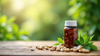 Magnesium supplement capsules next to a pile of whole raw nuts on a wooden surface with sunlight streaming through greenery in the background.