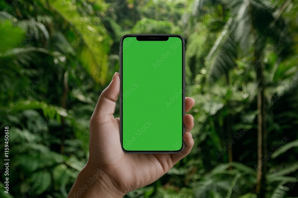 Poster Using a smartphone and green screen to render digital mockups in the forest
