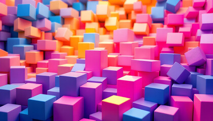Colorful matrix of stacked cubes in a digital geometric pattern. Colorful 3d design of arrow-shaped cubes. Colorful geometric matrix of cubes with gradient shading, modern 3d background.