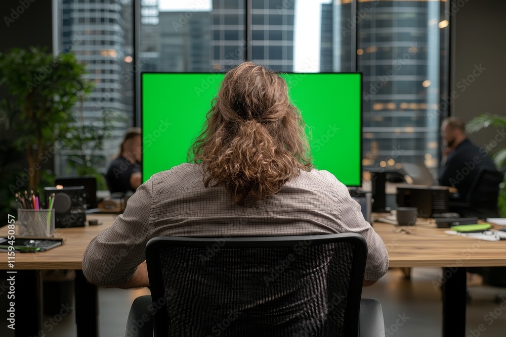 Aufkleber In this image, a company administrator is testing machine learning software to eliminate errors and to identify bottlenecks. A developer is writing clean, efficient code on a green screen PC to