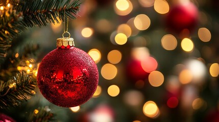 Fototapeta premium Red Ornament Hanging On Christmas Tree With Lights