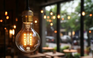 A glowing light bulb hangs from the ceiling in a cafe, with a blurred view of the street and other lights in the background.