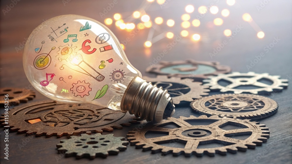 Poster glowing light bulb filled with colorful business doodles resting on interlocking gears, symbolizing 
