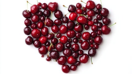 A flat lay of cherries forming a heart shape, showcasing their vibrant color and texture, isolated on white