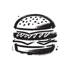 Grunge black and white brush sketch of a hamburger with artistic texture