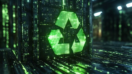 Glowing green recycle symbol in digital space.