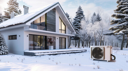 snow covered house with renewable heating and solar power, heat pump