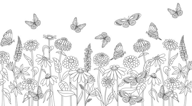 coloring book page for adults and children with summer blooming garden with flowers and butterflies