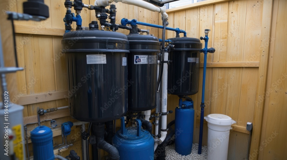 Poster closeup of a water recycling system with pipes and filters demonstrating the factorys commitment to 
