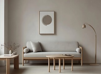Minimalist Scandinavian living room with a neutral-colored gray sofa, wooden furniture, and clean decor lines. Personal accessories like a stylish floor lamp, a 