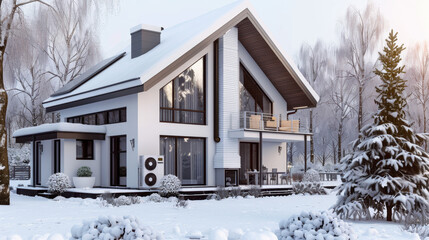 snow covered house with renewable heating and solar power, heat pump