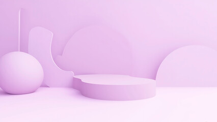 Abstract pastel pink 3D render background with geometric shapes and podium. Minimalist, modern, clean design for product display or presentation.