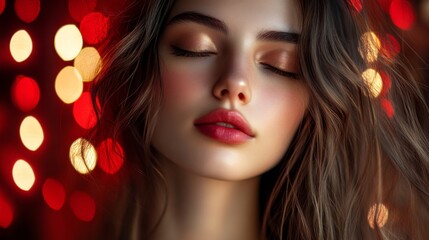 Fototapeta premium Beautiful Woman With Brown Hair and Red Lights Background
