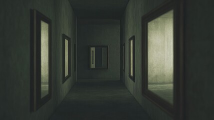 Narrow corridor lined with mirrors, creating an illusion of dept