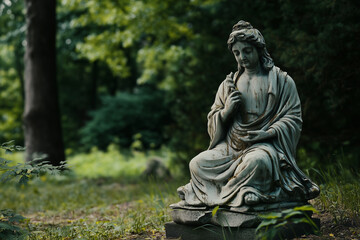 Fototapeta premium Crumbling statue of prosperity sits silently in a deserted park surrounded by lush greenery and overgrown grass