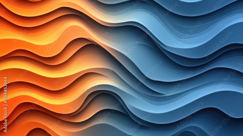 Poster Dynamic abstract glossy waves in vibrant orange and blue colors creating a flowing visual effect. Generative AI