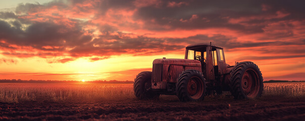 Fototapeta premium Rusted tractor stands in a desolate field under a vibrant sunset with dramatic clouds in the sky