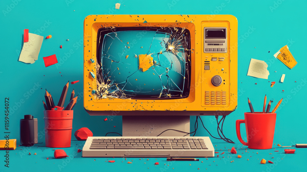 Poster computer hand drawn, a broken computer emits sparks, with a cracked screen, captured in a detailed i