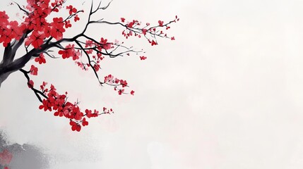 A serene illustration of a tree with vibrant red blossoms against a soft, light background.