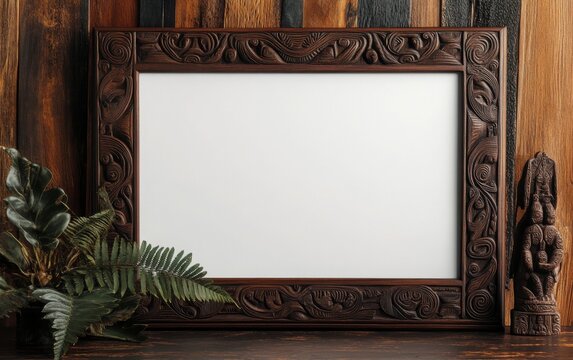 Blank white poster framed in dark oak, displayed with an image of a New Zealand Maori carving depicting ancestral figures, with fern patterns and a wooden background 